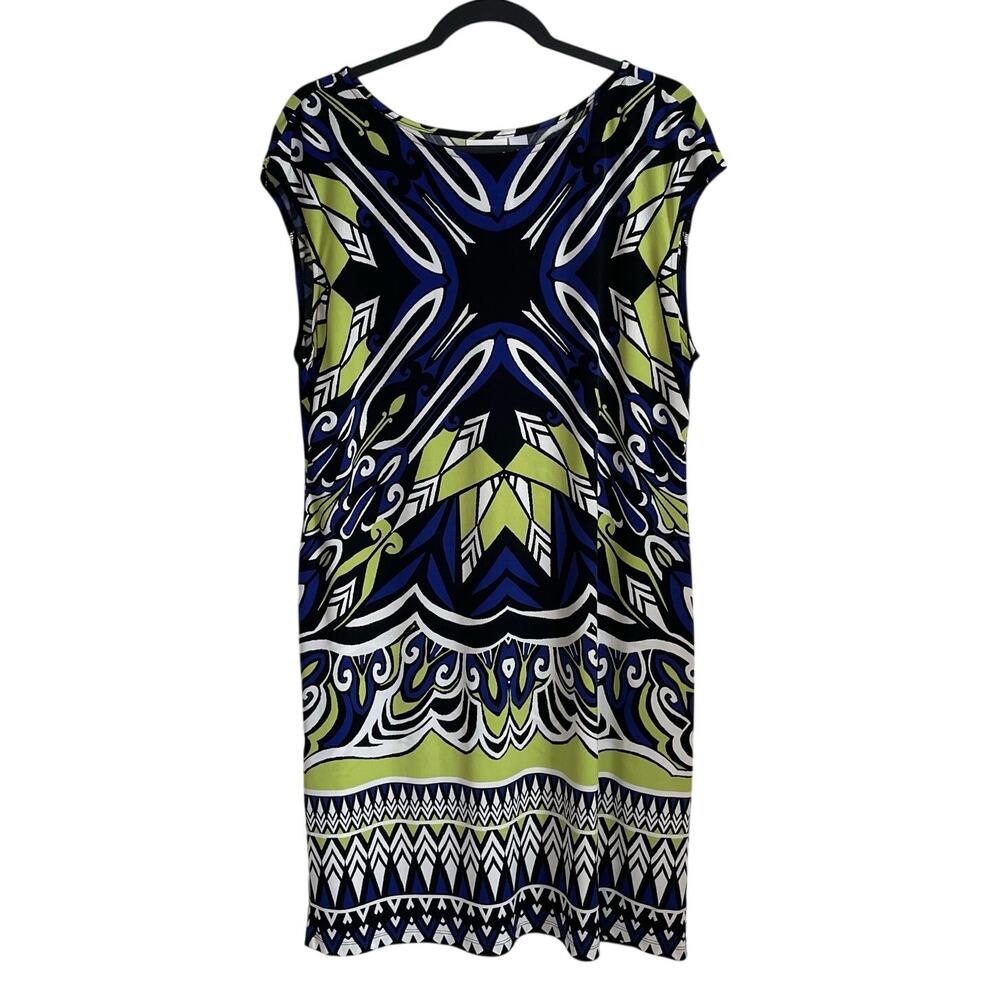 Chico’s Sleeveless Vibrant Abstract Dress Sz L Colorful Stretchy Artsy Boho